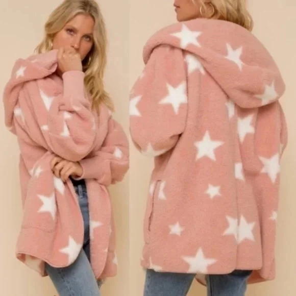 017 Cozy Star Print Teddy oversized hoodie Jacket - Picture 5 of 11